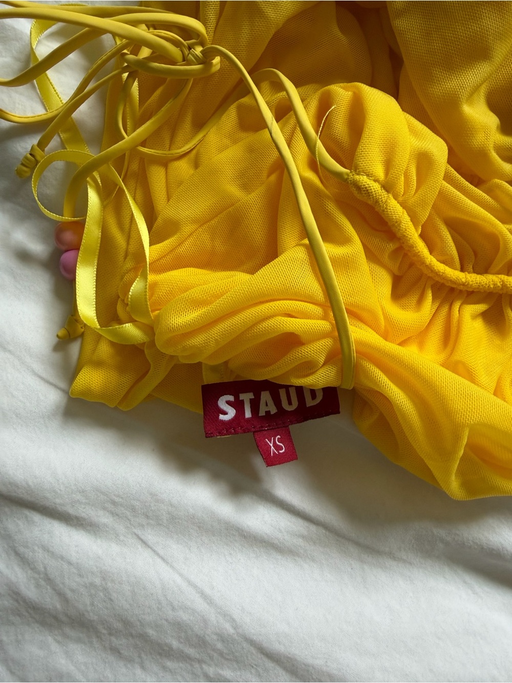 STAUD Lizzie Bright Yellow Ruched Spaghetti Strap Halter Top - Picture 7 of 7